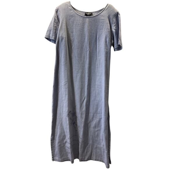 Vtg 90s Positive Attitude Linen Midi Dress Vest Set 1X Floral Embroidered Pearls - Picture 3 of 16